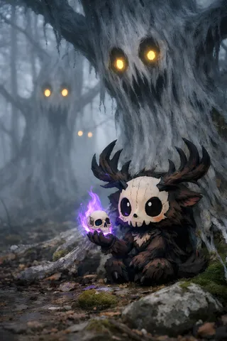 A mystical chibi wendigo holding a glowing skull with a purple fire aura, sitting under ghostly spirit trees with glowing yellow eyes in a foggy forest.