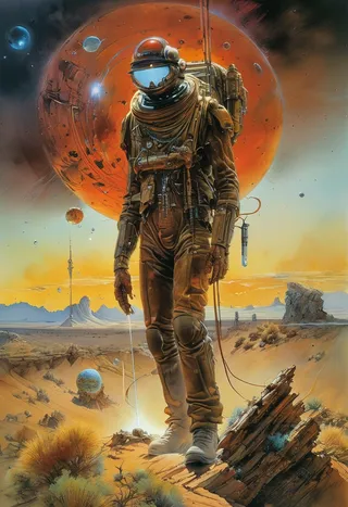 Highly detailed, realistic oil painting of an astronaut standing on an alien desert terrain with a large orange planet and smaller celestial bodies in the background, inspired by Moebius and Boris Vallejo styles.