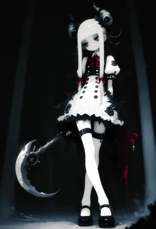 A pale-skinned gothic girl with gray long hair tied with red ribbons stands in a misty dark forest holding a large sickle, dressed in a white and black school uniform with thigh-high stockings.