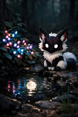 Photorealistic dark forest scene showing colorful glow berries near a small pond, reflecting the moonlight, with a hand-painted 2D chibi creature resembling a fox with a tribal mask sitting beside it.