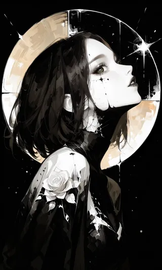 Monochromatic surreal portrait of an ethereal woman with expressive eyes and porcelain skin, set against a circular background with glass fragments and soft light highlights.