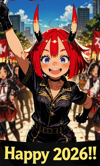 An anime-style girl with red horns and vibrant red hair celebrating joyously with a crowd in an urban setting holding a happy 2026 banner.
