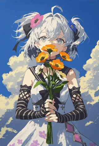 Oil painting of Azuma Seren with multicolored hair holding a bright floral bouquet against a clear blue sky with clouds.