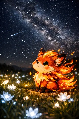 A chibi fire fox with flowing fiery fur sits in a photorealistic field at night, surrounded by glowing crystal flowers under a vivid starry sky.