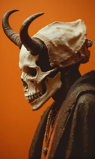 Side profile of a male wearing an animal skull mask with horns and a lace cloth on an orange background in analog photo style with film grain effect.