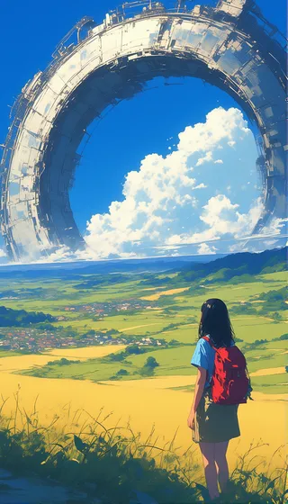 A young woman with a red backpack stands in a golden field under a bright blue sky, gazing at a colossal metallic ring structure dominating the horizon.