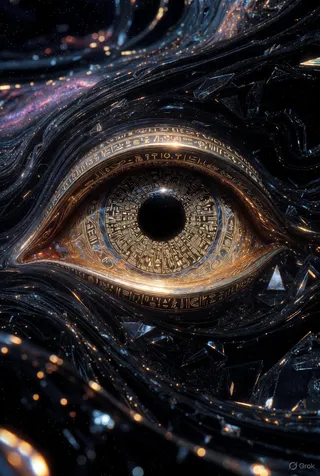 A close-up of a molten gold eye embedded in a swirling fractal obsidian cosmic void, featuring hieroglyphic sigils on its iris, surrounded by dark crystalline ribbons and bioluminescent details.