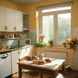 Sunlit 1990s Russian apartment kitchen with wooden table holding bread, tea kettle, and flowers by a large window