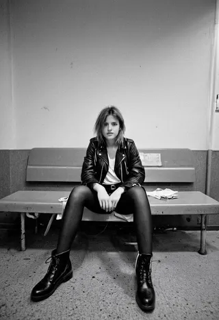 Black and white photo of a German street style girl sitting in an abandoned hospital at night, wearing a leather jacket, hot pants, ankle boots, captured with wide angle and grainy analog film effect.