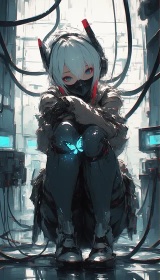 A cyberpunk girl with white hair featuring red streaks, wearing an exoshell mask and robotic ears, squatting in a high-tech laboratory surrounded by dark cables, holding a glowing holographic blue butterfly.