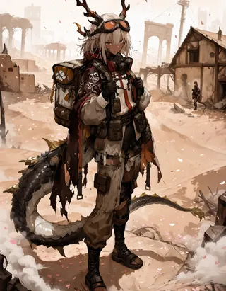 A dark-skinned dragon girl with white hair, dragon horns, and a tail stands in desert ruins wearing goggles, a gas mask, gloves, and rugged, torn clothing with a large backpack.