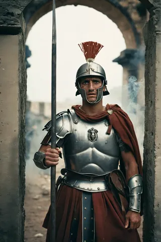 Full body portrait of a vulnerable Roman soldier guarding a gate, wearing war-torn armor and holding a spear with trembling hand, smoke swirling in the desolate background.