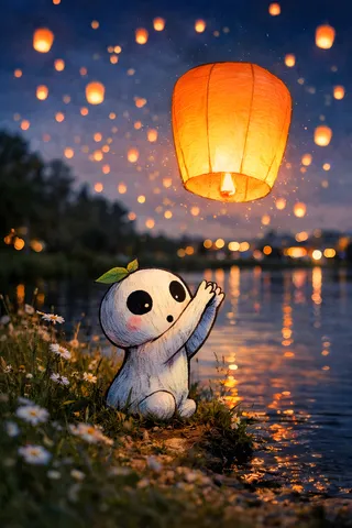 A photorealistic nighttime pond scene with glowing Chinese lanterns in the sky and a hand-drawn 2D chibi kodama releasing a lantern by the water's edge.