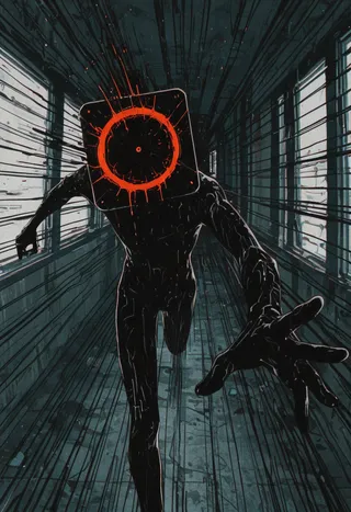 A dark silhouetted figure with a red circular symbol on its square-shaped head runs forward in a dimly lit hallway with speed lines emphasizing motion.