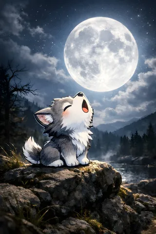 A fluffy chibi wolf howling at a large full moon in a photorealistic nighttime mountain landscape with magical lighting effects.