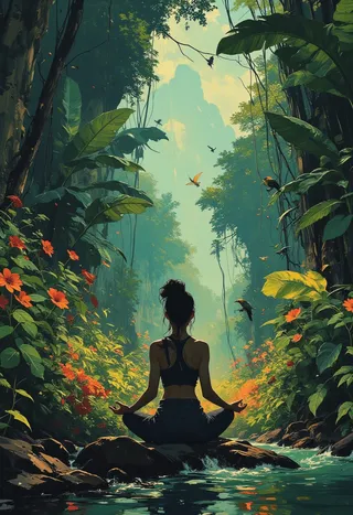 A woman meditates peacefully at the edge of a river in a dense jungle surrounded by big green plants, vivid orange flowers, and flying paradise birds under soft, ambient lighting.
