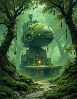 A moss-covered supercomputer structure in a lush green forest, surrounded by thick trees and glowing orange lights, blending nature and technology in a fantasy setting.