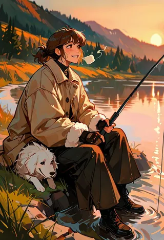 A girl with short messy brunette hair wearing an oversized wool coat sits fishing by a riverbank during golden hour, surrounded by a white dog, rustic hills, and warm sunset light.