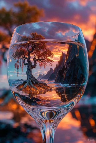 A crystal wine glass containing a detailed surreal landscape featuring a twisted tree with exposed roots, rocky cliffs, and a glowing twilight sunset reflected in still water.