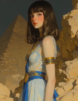Digital painting of a young Cleopatra standing near Egyptian pyramids and ruins, wearing a translucent short Egyptian dress with gold and blue accessories, soft lighting highlights delicate features.