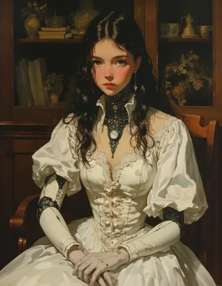 Oil painting of a graceful young android princess in an elaborate Victorian dress, seated at an antique wooden table in a Victorian-style room with a soft yet confident expression and robotic arms.