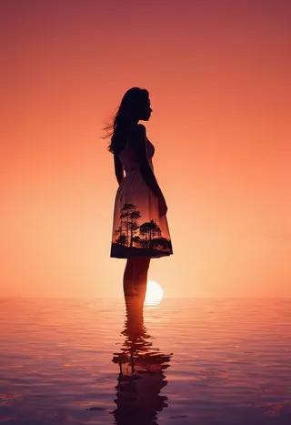 Silhouette of a girl standing in calm water at sunset with a double exposure effect showing trees inside her dress against a vibrant orange twilight sky.