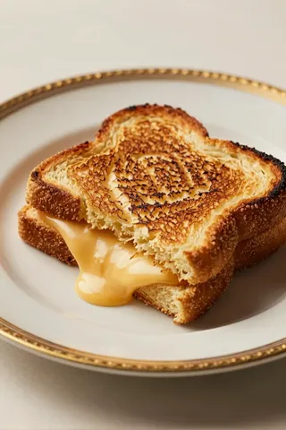 Close-up of a grilled cheese sandwich with perfectly toasted bread and melted cheese oozing out, served on a white ceramic plate with a gold trim.