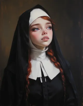Hyper-realistic oil painting of an 18-year-old nun vampire wearing a classical habit, with glowing blue eyes, red hair, fangs, and a confused expression.