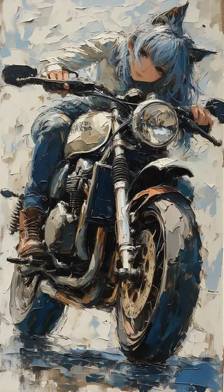 Abstract expressionist painting of a girl with blue hair and cat ears leaning on a detailed motorbike, painted with textured brushstrokes in muted tones.