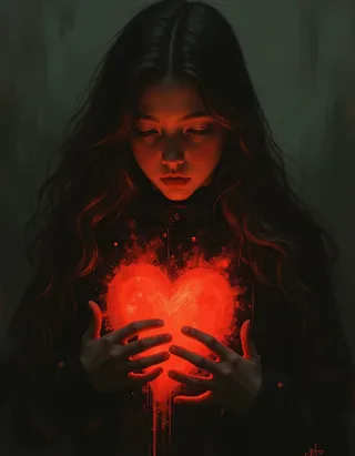 A hyper-realistic oil painting of a teen android girl with long hair, holding a glowing heart at her chest, illuminated by Rembrandt lighting against a dark background.