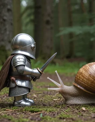 A miniature knight in full shiny armor holding a small sword facing off against a large snail in a forest setting.