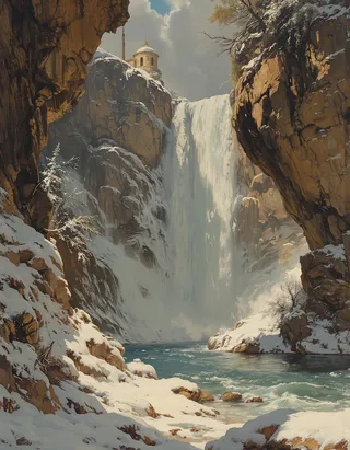 Snow-covered rocky landscape with a cascading waterfall flowing into a lake, featuring a small Renaissance-style observatory atop a cliff under a partly cloudy sky.