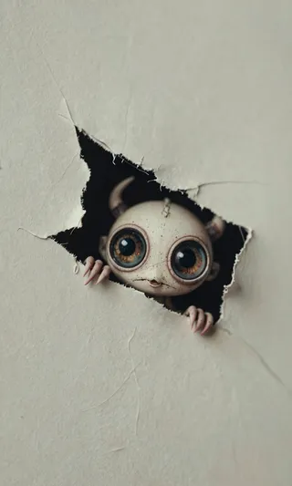 Tiny imp with large glassy eyes and small horns peering out from a tear in off-white paper with frayed fibers, under soft indirect lighting.