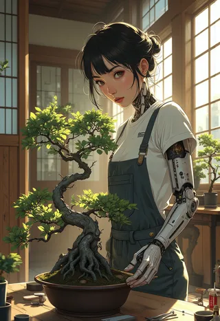 A cyberpunk woman with a robotic arm carefully trimming a bonsai tree inside a traditional Japanese room with wood floors and sliding doors, rendered in semi-realistic anime style.