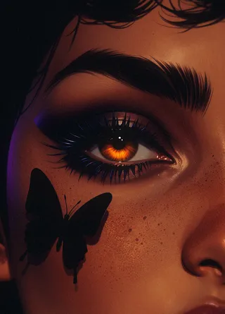 Close-up of a hyper-realistic amber eye with thick purple eyelashes, bronze skin with dark freckles, dramatic makeup, and a black butterfly sticker on the cheek.