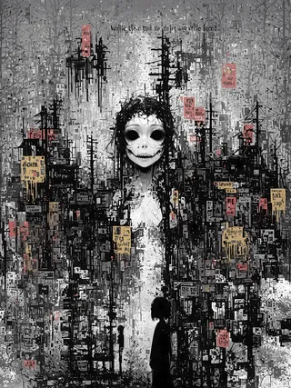 A dark, abstract horror-themed portrait featuring a large ghostly girl with hollow eyes and a stitched mouth surrounded by abstract buildings and trees, with a smaller silhouette of a girl in the foreground.