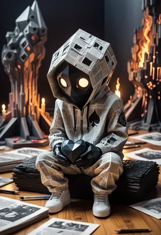 A low poly hooded figure with glowing eyes, wearing a newspaper-textured hoodie, holding a geometric black heart, seated among scattered prints and candles.