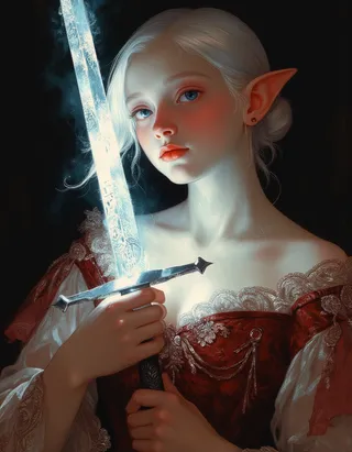 A delicate petite elf girl with ethereal white skin and platinum hair holds a glowing sword with bio ink runes, dressed in a Victorian-style corseted red dress.