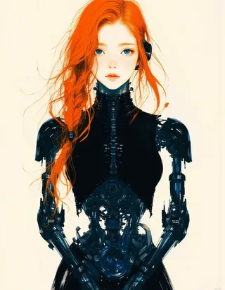 Detailed digital painting of a teen cyborg girl with flowing red hair and bright blue eyes wearing a black mechanical bodysuit with visible joints, rendered with warm Rembrandt-style lighting.