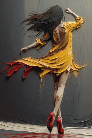 A woman in an impasto style painting wearing a flowing yellow dress with red accents and red high heels against a gray background with dynamic brushstrokes.