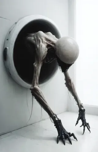 A grotesque humanoid creature with an oversized bulbous head and elongated limbs emerges from a circular white futuristic machine in a minimalist white-walled room with soft diffused lighting.
