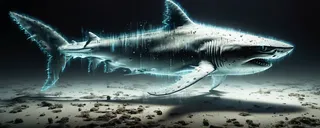 Transparent fading holographic shark hovering above sandy seabed with a dark and gritty cyber sci-fi ambiance