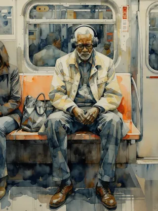 Watercolor painting of an elderly Black man wearing headphones and a light-colored jacket, sitting on a subway bench, focused and introspective in an urban setting.