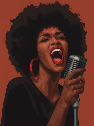 Bold stylized portrait of a Black woman with voluminous afro hair passionately singing into a vintage silver microphone, wearing large red hoop earrings and a black top on a terracotta background.