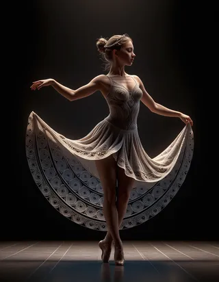 Photorealistic image of a ballet dancer frozen mid-motion, lifting her intricately detailed dress forming a cascading Fibonacci spiral, lit with dramatic chiaroscuro lighting.