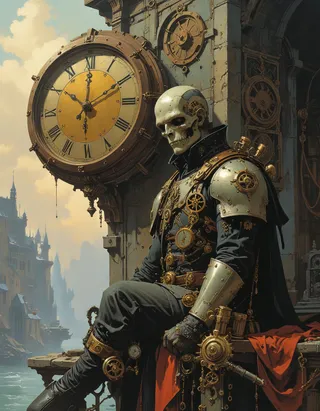 A skeletal warrior dressed in intricate clockpunk armor adorned with gears and mechanical devices, sitting beside a large vintage clock in a fantasy city with Victorian-style buildings.