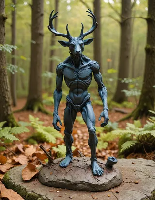 Blue play-doh style sculpture of a muscular Wendigo with large antlers standing on a clay-like base in a forest with fallen leaves and green foliage.