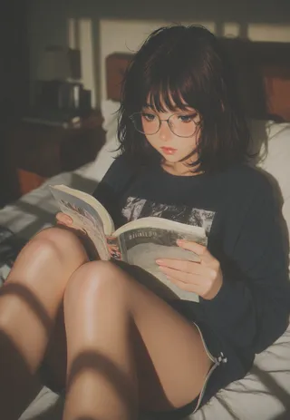 A girl with medium messy black hair, freckles, glasses, and tan skin reads a book while sitting on a bed in a softly lit, messy bedroom.