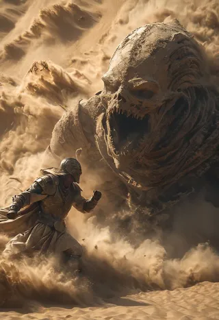 Epic battle between an ancient mummy warrior and a colossal sand monster in a swirling desert dust storm with cinematic lighting