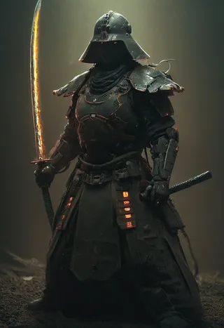 A dark armored cyborg samurai holding a glowing katana and a sheathed sword, standing in a moody, cinematic setting with soft atmospheric lighting and subtle glowing orange elements on his armor.